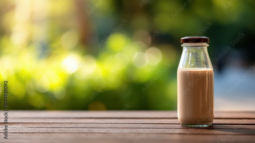 Glass bottle of chocolate milk resting on wooden table in garden setting Glass bottle of chocolate milk resting on wooden table in garden setting