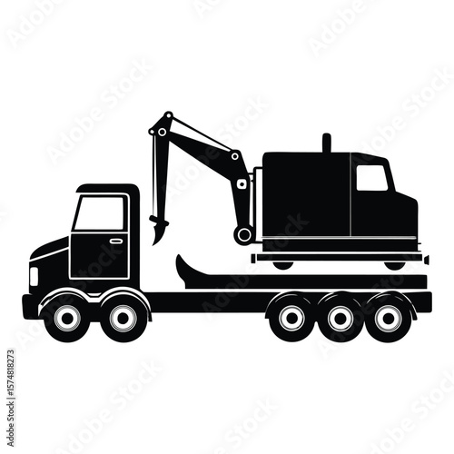 A low-bed truck trailer carrying a heavy excavator silhouette, showcasing powerful machinery and transport in sleek, bold black outline against a clean background.
