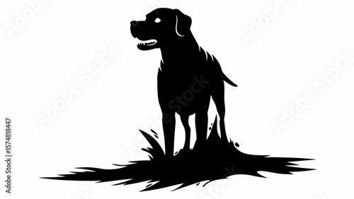 Silhouette of a dog standing in water with its mouth slightly open and a white background image