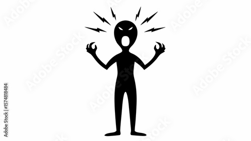 A silhouette of a person yelling with electric bolts emanating from their head and clawed hands raised