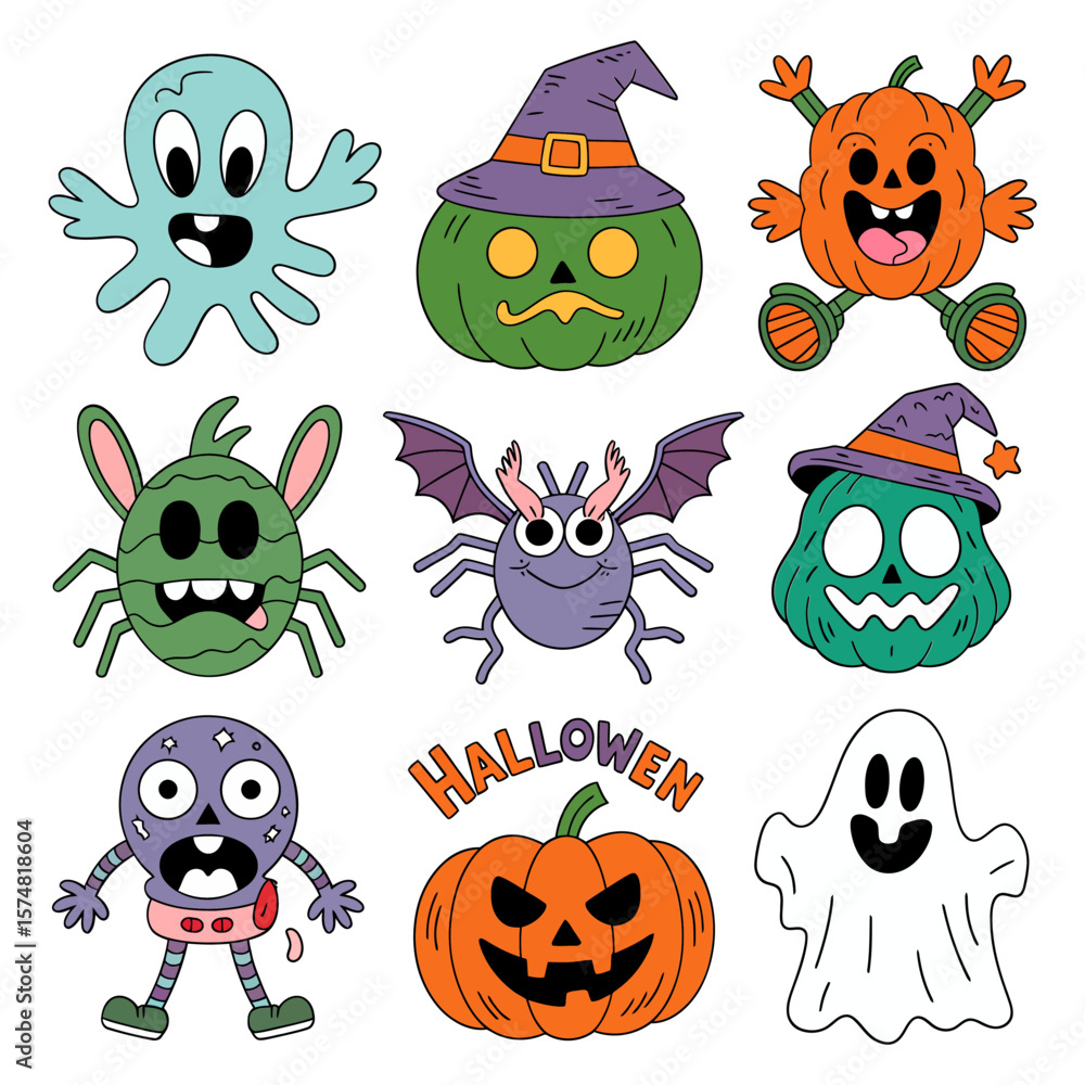 Obraz premium Vector art of a festive array of halloween characters, showcasing pumpkins, ghosts, spiders, bats, and whimsical monsters
