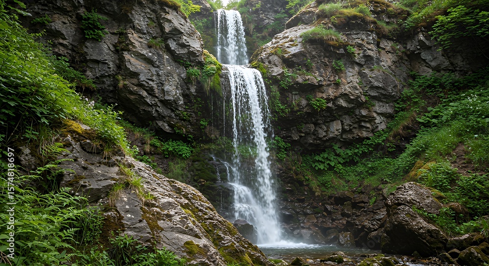 Scenic Waterfall Flowing Over Rocky Cliff Surrounded by Green Foliage in Lush Forest Scenic Waterfall Flowing Over Rocky Cliff Surrounded by Green Foliage in Lush Forest