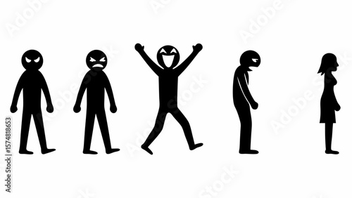 Silhouette stick figures displaying various emotions including anger joy sadness and indifference shown side by side