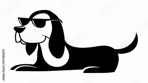 Illustration of a cool dog wearing sunglasses lying down with a tail and floppy ears in black and white