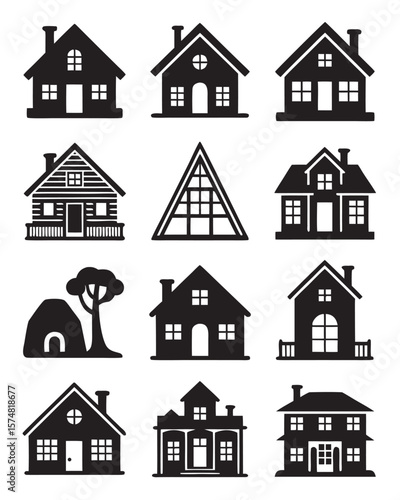 Diverse House Iconography Showcasing Varied Architectural Styles A Collection of Symbolic Home Representations in Black and White Silhouette