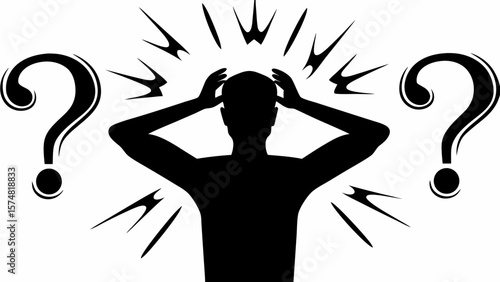 Silhouette of a person with hands on head surrounded by question marks and radiating lines of stress