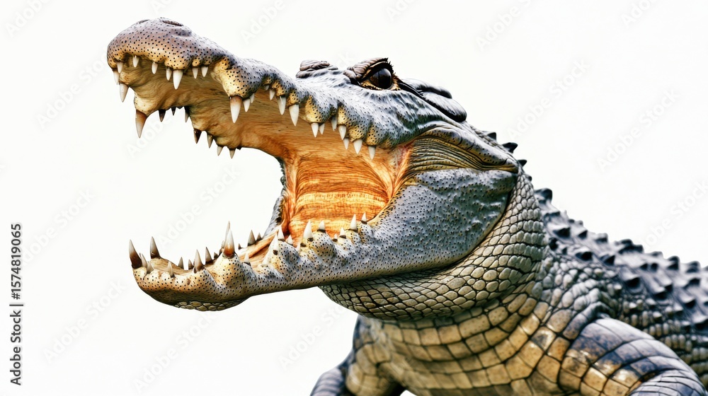 Obraz premium A close-up shot of a ferocious crocodile with its jaws wide open, showcasing its teeth and rough skin. This reptile is an apex predator, radiating power and aggression.