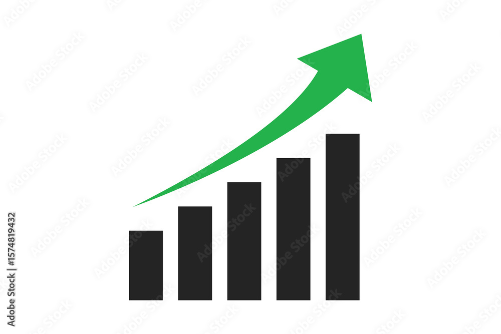 Vector art of a simple bar chart with a green arrow indicating a positive upward trend, isolated on a transparent background Vector art of a simple bar chart with a green arrow indicating a positive upward trend, isolated on a transparent background