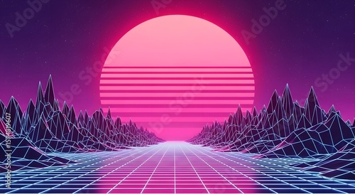 Retro wave landscape illustration: Neon grid, mountains, and sunset. Futuristic purple synthwave background scene, old computer graphic style, big moon