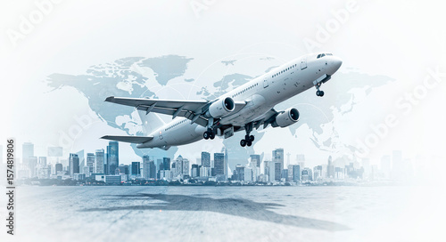 Airplane taking off against a cityscape and world map. Travel, air transport, global logistics and communication concept, minimalist illustration on white background