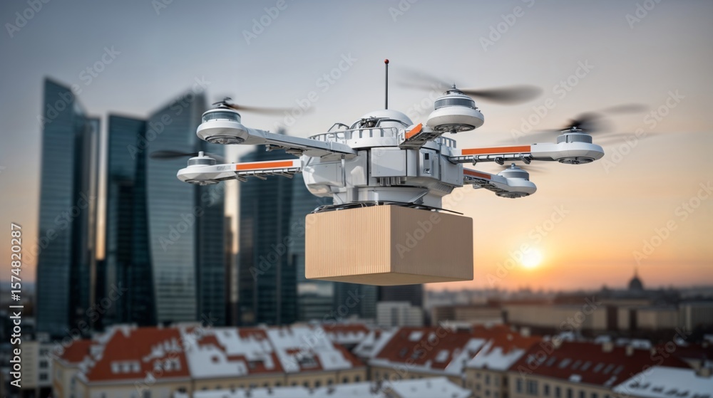 Fototapeta premium Autonomous Drone in Flight Over City Delivering Package
