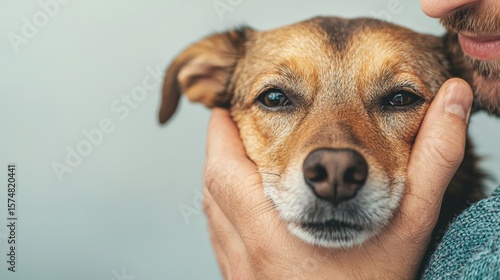 Veterinarian gently holding sad abandoned dog's face in hands at animal shelter, offering comfort and care