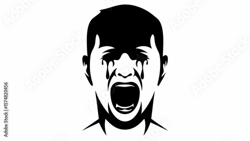 Illustration of a man's face screaming with tears streaming down in a black and white design style