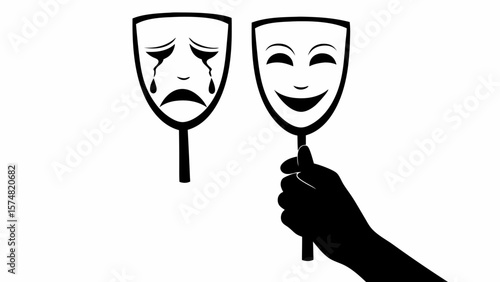 Illustration showing two theatrical masks one with a happy face and the other with a sad face design