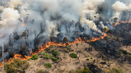 Aerial view of wildfire burning through dry forest with heavy smoke and flames in natural disaster scene.