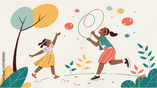 Two girls playing jump rope in a park illustration vector art for children and family outdoor activity fun