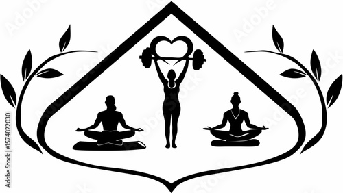 Silhouette of yoga poses and weightlifter with heart shaped barbell inside a frame with leafy branches