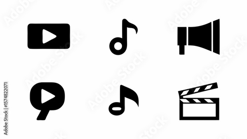 Collection of media icons featuring play buttons, music notes, megaphone, and clapperboard in black color
