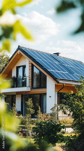 Modern house with solar panels surrounded by greenery on a sunny day