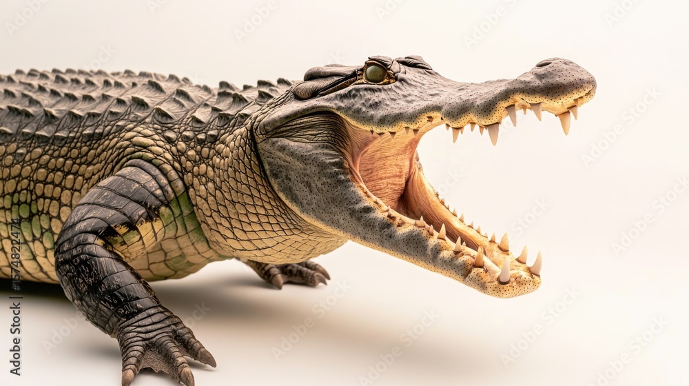 Fototapeta premium An alligator with an open mouth, revealing sharp teeth. The alligator is large and scaly