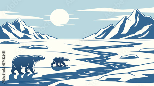 Serene Arctic landscape illustration: two polar bears traverse a meandering river amidst snow-covered plains and majestic mountains under a bright sun, minimalist vector art style.