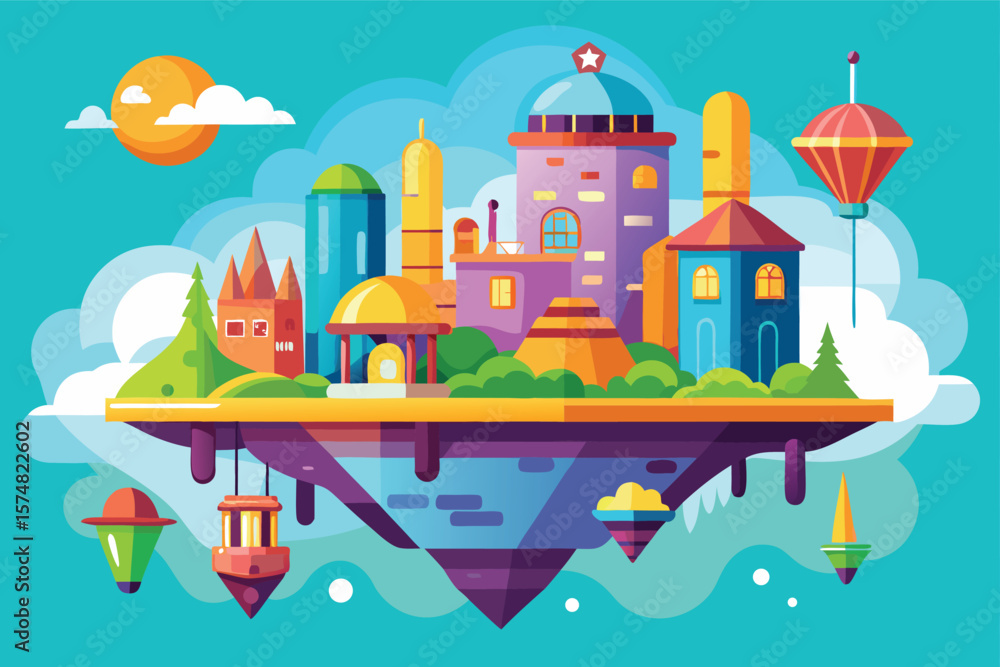 Fototapeta premium Whimsical floating island city with colorful buildings and lanterns