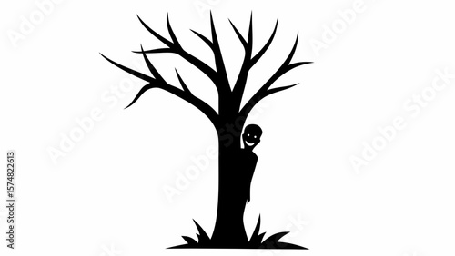 Silhouette of a creepy figure hiding behind a bare tree on a white background in a spooky halloween scene