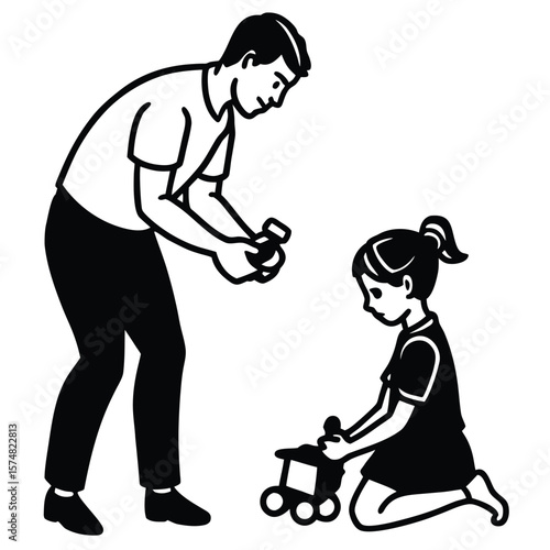 Father handing gift toy to daughter in silhouette style