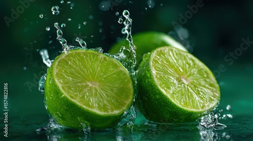 Fresh cut limes with water splashing, conveying a sense of freshness and refreshment. The vibrant green limes are juxtaposed with water droplets. The image captures a moment of nature's bounty