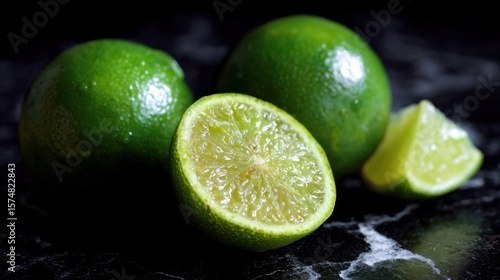 Fresh limes on a dark surface, one cut in half revealing its juicy interior. The limes glisten, suggesting freshness and vibrancy.