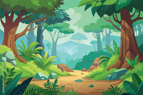 Vibrant cartoon forest path with lush greenery and distant mountains
