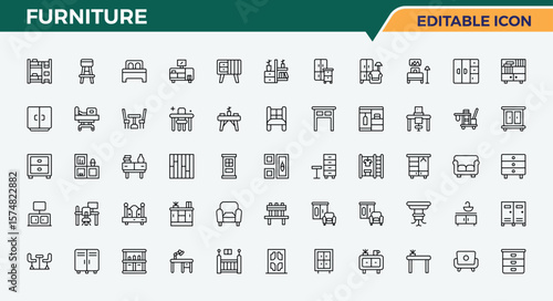 Set of Furniture line icon. Includes symbols for bed, living, interior, sofa, bedroom, room and more. Set of line pictogram. Dining icon collection. Pixel perfect. Editable stroke.