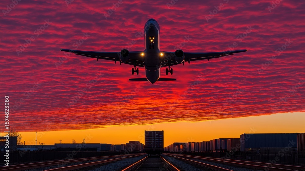 Fototapeta premium A plane is taking off during sunset and beautiful red clouds are background