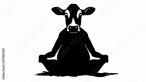 Silhouette of a cow in a lotus position meditating peacefully on a white background in a graphic style