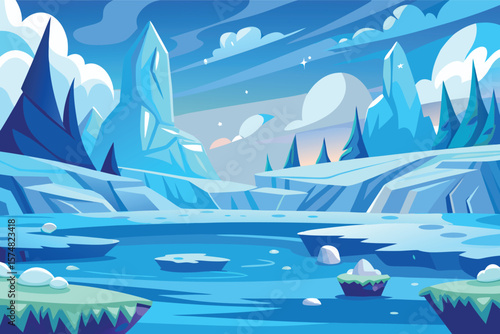 Stylized arctic landscape with ice formations and frozen water