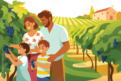 Happy family picking ripe grapes together in a sunny vineyard during harvest season