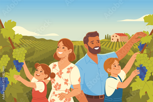 Happy family picking ripe grapes together in a beautiful sunlit vineyard during harvest season