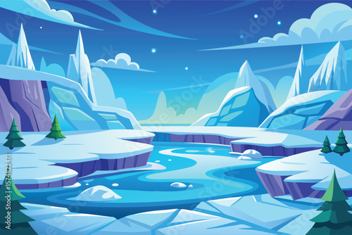 Stylized winter landscape with icy river and snow covered mountains