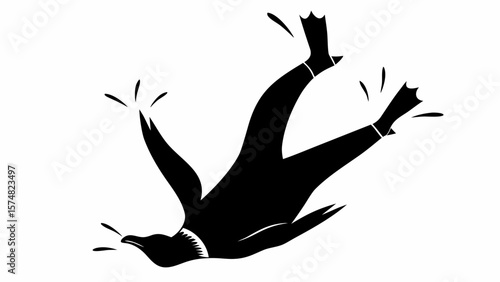 Silhouette of a penguin falling upside down with legs and wings splayed out against white background