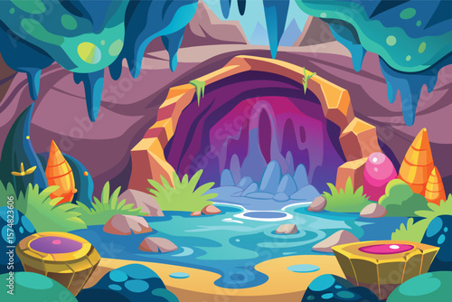 Mystical cave entrance with glowing crystals and water features