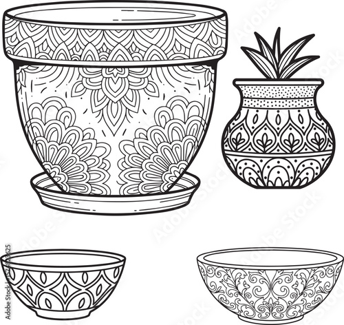 Decorative Flower Pots and Bowls with Intricate Mandala Patterns Hand Drawn Sketch Style for Coloring Pages and Floral Arrangements