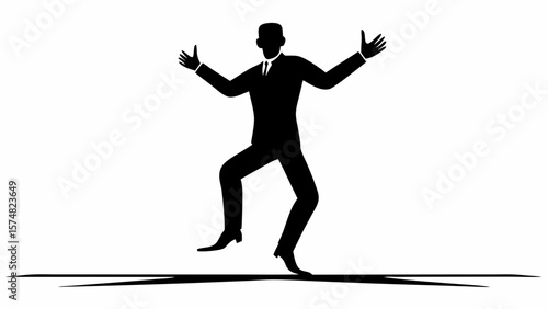 Silhouette of a man in a suit striking a pose with arms raised and legs apart on a white background