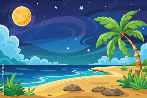 Tropical beach scene under a starry night sky with a full moon
