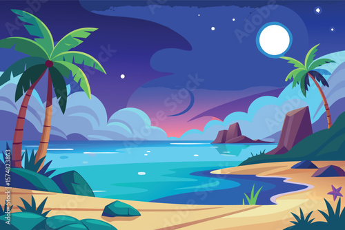 Serene tropical beach at twilight with palm trees and a glowing moon