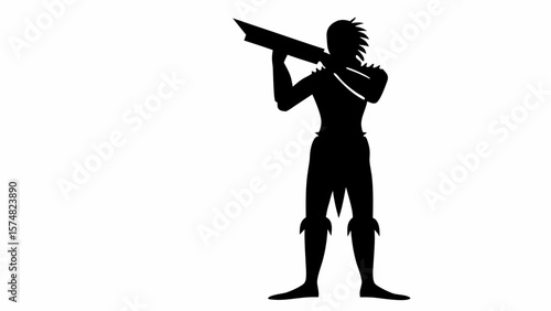 Silhouette of a warrior holding a wooden plank over his shoulder in a black and white image
