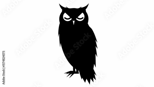 Silhouette of an owl with closed eyes and pointy ears standing against a white background image design