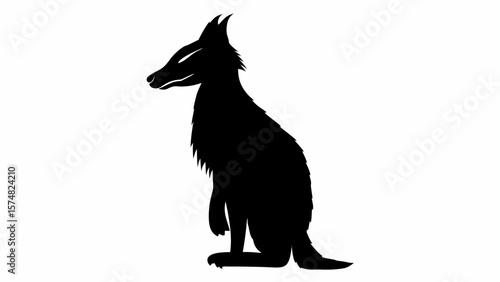 Silhouette of a kangaroo like creature with pointy ears sitting upright in black against white background