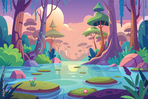 Whimsical fantasy forest landscape with a serene water body