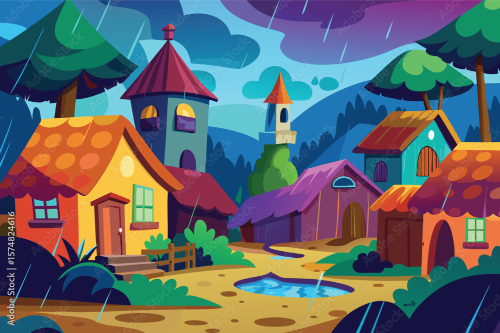 Fototapeta premium Whimsical village scene with colorful houses under a rainy sky