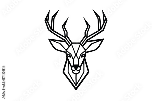 A geometric deer head with antlers is sharply outlined in black and white
